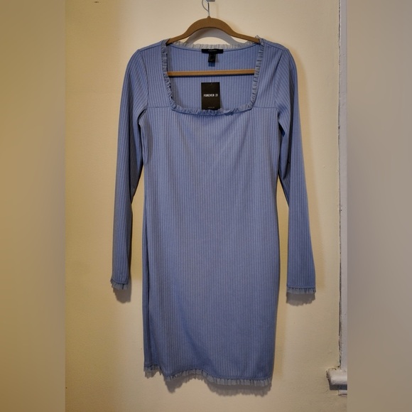 Forever 21 Periwinkle Ribbed Knit Square Neck Pullover Dress L HOCO Lagenlook - Picture 5 of 12